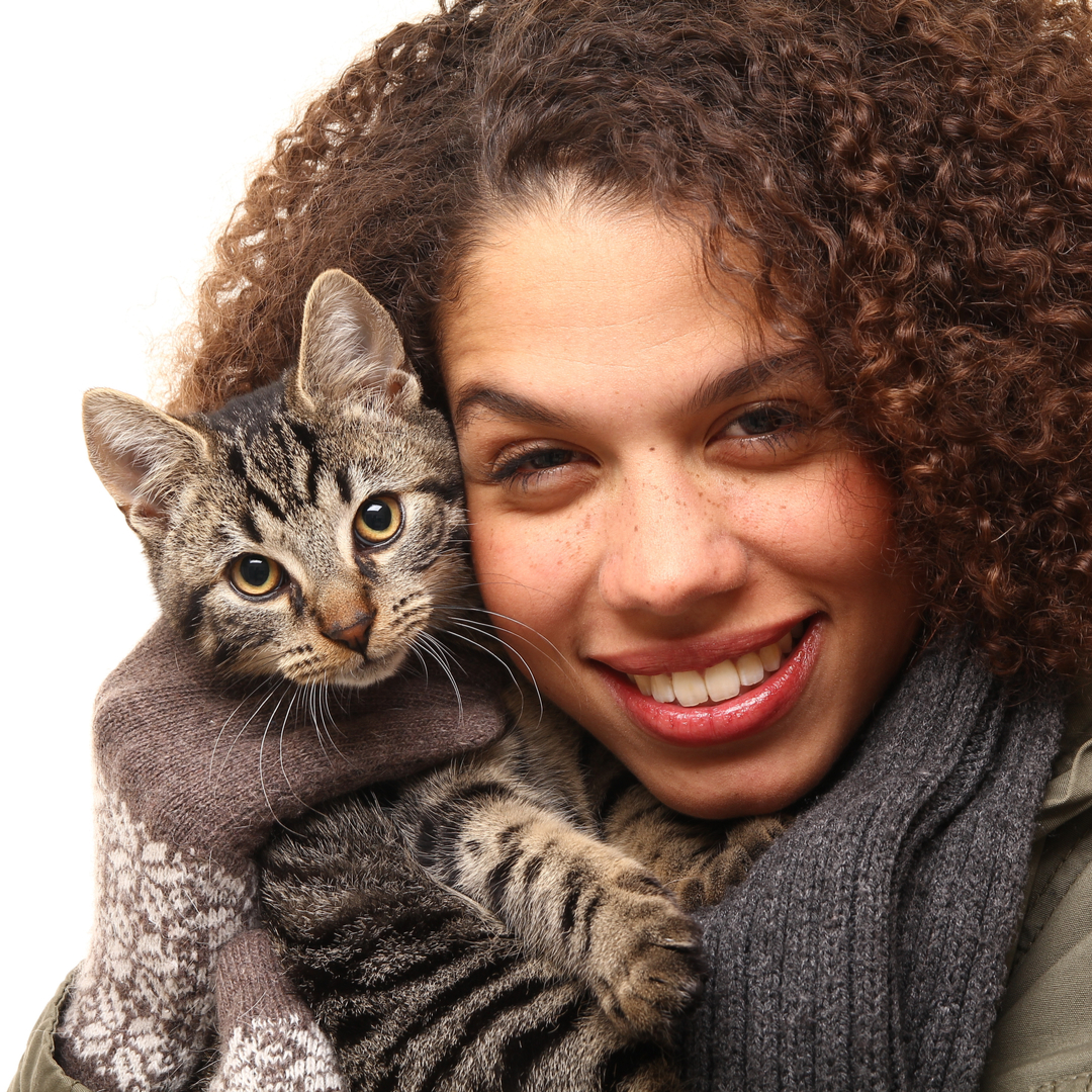 African-American woman holding young tabby cat on her shoulder