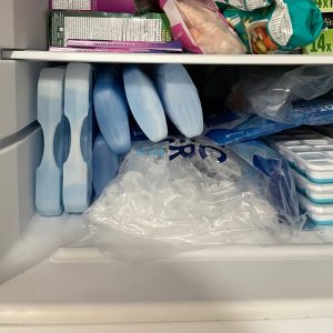 freezer with several ice packs of varying sizes and ice cube trays